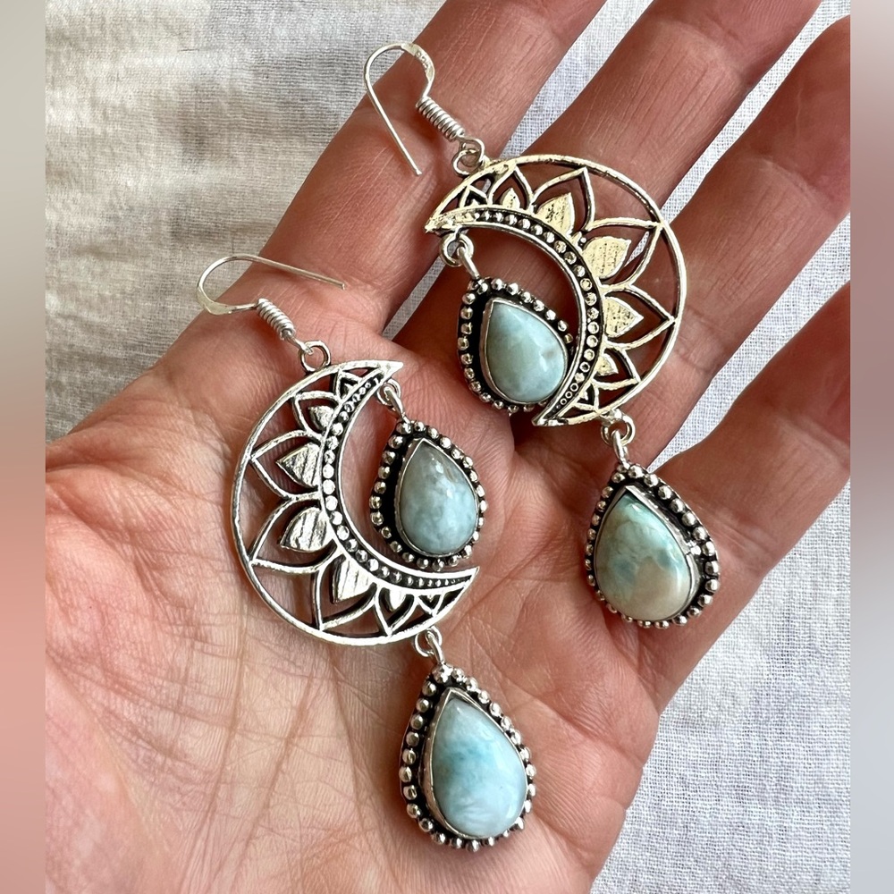 925 LUNA MOON 🌙 Caribbean Larimar Crescent Moon Earrings